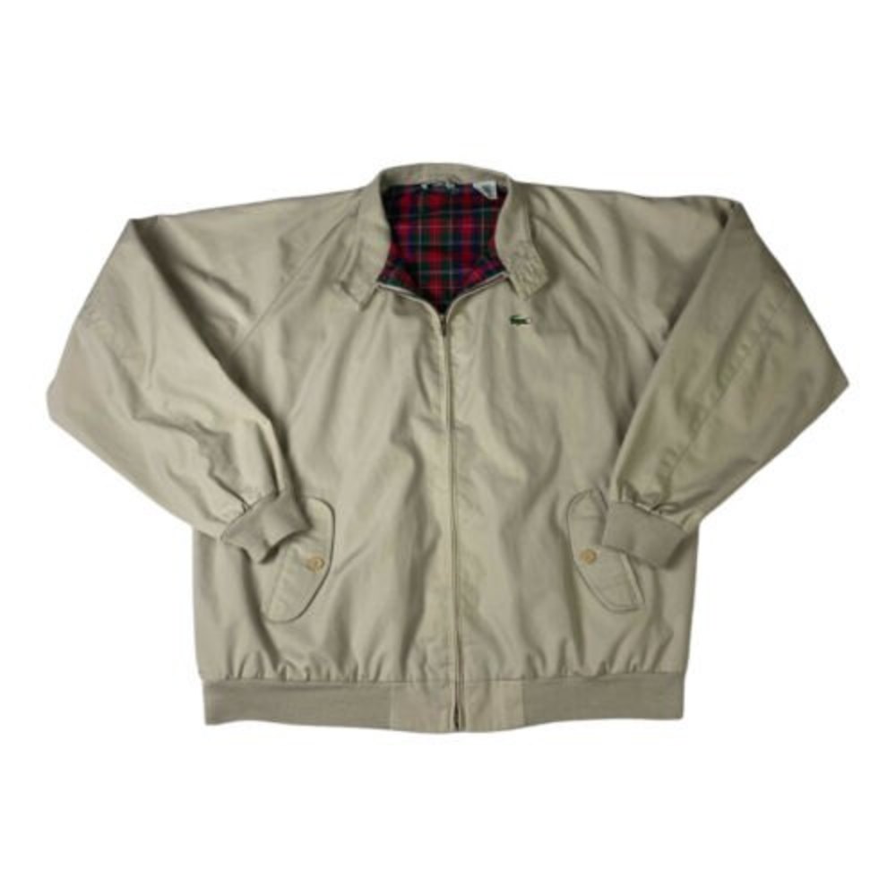 Vintage Izod Lacoste Tan Beige Jacket Red Plaid Lining Sz L Vented Back